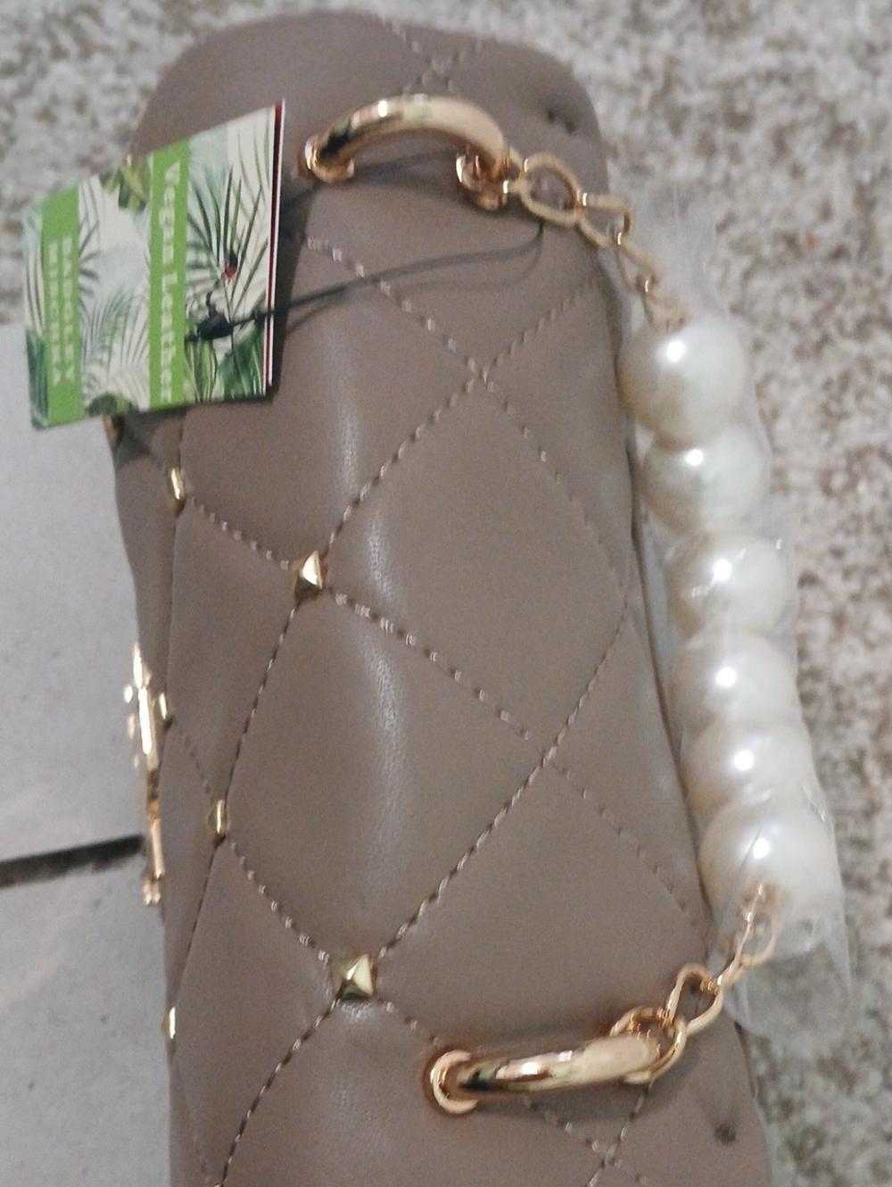 Badgley Mischka Taupe Quilted Crossbody Bag with Pearl Handle - Picture 9 of 9